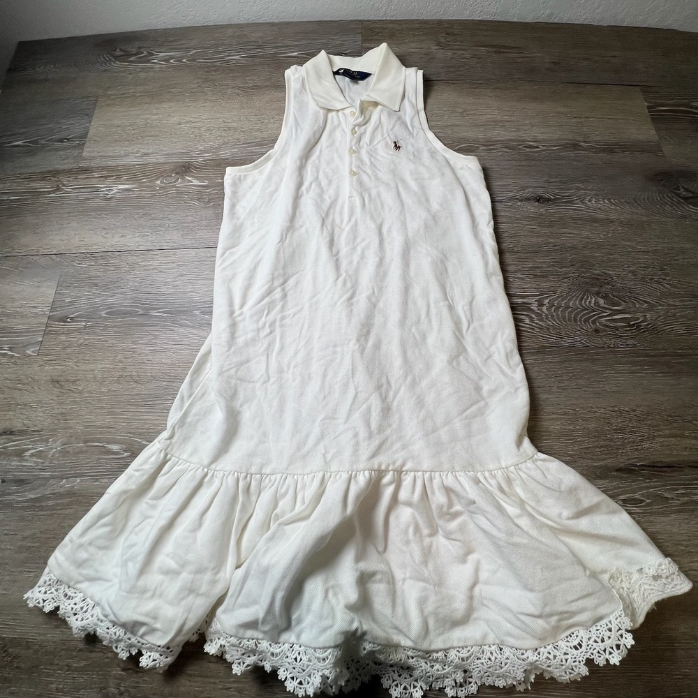 Polo Ralph Lauren Dress Girls L 12-14 White Sleeveless Lace Hem Drop Waist Pony